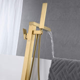 Bathroom Freestanding Waterfall Tub filler Brushed Gold Floor Mount Faucet with Hand Shower W122453939
