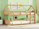 Twin Over Twin House Floor Bed with Headboards, Footboards and Guardrails, Ladder, Rubber Wood W504P227942