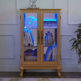 Elegant Light Oak Curio Cabinet with Tempered Glass Doors, LED Light, Mirrored Back Panel & W1758P290028