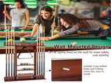 Brown Pine Wood Wall-Mounted Billiards Cue Rack, Holds 8 Cues & 16 Balls with 5 Storage Compartments 14806939