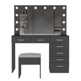 Vanity Desk Set with Large Lighted Mirror and Powre Outlet, Glass Top Makeup with 7 Drawers, 64200028