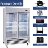 54"W Commercial Refrigerator 2 Section 2 Glass Door Stainless Steel Display Refrigerator 42.2 Cu.ft. N818P191851S