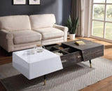 ZUN White High Gloss and Rustic Oak Coffee Table with Metal Leg B062P209101