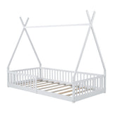 Twin Size Wood House Bed with Fence, White 28986741