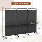 3-Panel Folding Divider with Lockable Wheels and 3 Metal Shelves Black 83574560