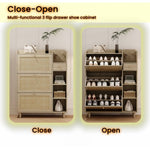 ZUN Natural Bohemia Style Shoe Cabinet, Shoe Rack Cabinet with 3 Rattan Flip Drawers,3 Square Shelves W2557P175973