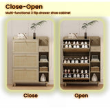 ZUN Natural Bohemia Style Shoe Cabinet, Shoe Rack Cabinet with 3 Rattan Flip Drawers,3 Square Shelves W2557P175973