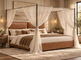 Queen Canopy Bed Frame, Faux Leather Upholstered Bed with Metal Frame, Four Poster Platform Bed, No W636P566621