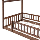 Twin Size Wood Bed House Bed Frame with Fence, for Kids, Teens, Girls, Boys, Walnut WF302176AAL