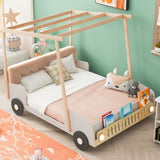 Wood Full Size Car Bed with Pillow, Ceiling Cloth and LED, Natural WF309289AAM