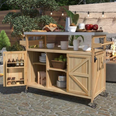ZUN K&K Outdoor Kitchen Island, Rolling Bar Cart & Storage Cabinet, Farmhouse Solid Wood Outdoor Grill WF532198AAY