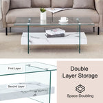 ZUN 43.3 Inch Modern Two-Tier Coffee Table - An Elegant Combination of Clear Glass and White Marble W2920P226070