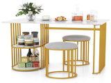 White & Gold Dining Table Set with Faux Marble Top, 2-Layer Open Shelves & Upholstered Stools 69773470