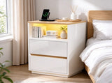 High Gloss White & Oak Two-Tone Nightstand, RGB Light, US Power Outlet, 2 37462022