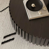 Round Coffee Table Handcrafted Relief Sturdy Pedestal Wooden Olive-Shaped Tea Table for Living Room W3081P255051