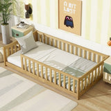 Twin Size Floor Bed with Fence without Door, Rubber Wood Floor Bed with Safety Guardrails,Natural W504P296796