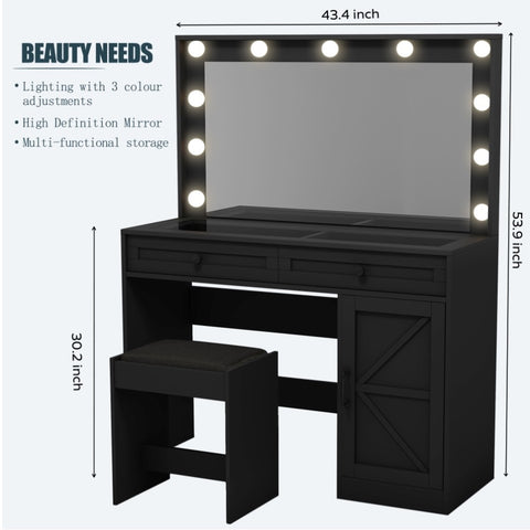 ZUN 43.4"Makeup Vanity Table, Makeup Table with Large Mirror and 11 LED Light , Brightness Adjustable, 54481304