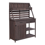 Brown Fir Wood Potting Bench - 5-Drawer Garden Workstation with Slatted Back Panel & Storage Cabinet N769P282380B