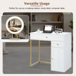 ZUN 31.5'' Makeup Vanity Desk with Lighted Mirror, Luxury Dressing Table with 2 Drawers and 1 Cabinet, 3 N704P210486K