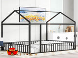 Full Size Metal Bed House Bed Frame with Fence, for Kids, Teens, Girls, Boys,Black MF304787AAB
