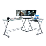 ZUN L-Shaped Tempered Glass Top Computer Desk with Pull Out Keyboard Panel, Clear 70147724