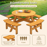 8-Person Outdoor Circular Wooden Picnic Table with 4 Built-in Benches for Patio Backyard Garden, 80257633