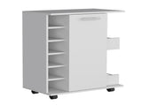 White 4-wheel bar cart cabinet for kitchen or living room, with 6 side built-in bottle racks, 1 B097133169