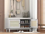 TREXM Boho Rattan Entryway Bench with Storage, Cushioned Shoe Bench with Double Doors, Wooden Shoe N715P308012E