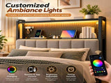 King Size Headboard with Pegboard Storage Shelf, Adjustable Upholstered Backrest, RGB LED Light 47995855