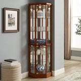 6 Shelf Lighted Corner Curio Cabinet with Adjustable Tempered Glass Shelves and Mirror Back, W1693P170906