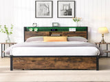 King Size Metal Platform Bed Frame with Wooden Headboard and with Footboard USB,Charging Station,2 W311P167048