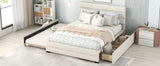 Queen Upholstered Platform Bed with Twin Size Trundle and Two Drawers, Beige 25388983