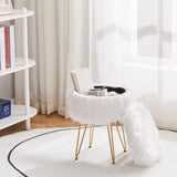 Faux Fur Storage Ottoman Round Furry Vanity Stool with Marble Tray, Compact Footrest with 4 Metal 47853610