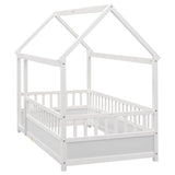 Twin Size Floor Wooden Bed with House Roof Frame, Fence Guardrails,White W1858123984