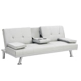 ZUN Sofa Bed with Armrest two holders WOOD FRAME, STAINLESS LEG, FUTON WHITE PVC W2297P164962