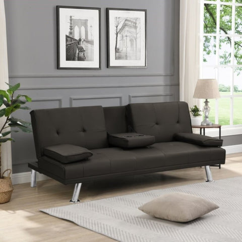 ZUN Sofa Bed with Armrest two holders WOOD FRAME, STAINLESS LEG, FUTON BROWN PVC,DARK BROWN W311125131