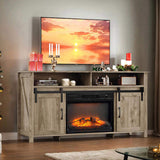 58" Gray Wash Barn Door Fireplace TV Stand for 23" Insert, Sliding Track Design 13777923