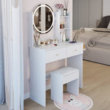 17" Round LED Mirror Vanity TableCushioned Stool, Equipped With 2 AC2 USB Power Socket, Big W3258P311343