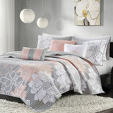 ZUN 6 Piece Printed Cotton Quilt Set with Throw Pillows Grey/Peach King/Cal King B03597571