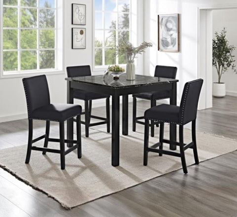 ZUN 5pc Counter Height Dining Set Square Faux Marble Table Upholstered Chairs Tufted Nail head Wooden B011P243216