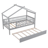 Twin Size Wooden House Bed with Twin Size Trundle, Gray 14298090
