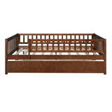 Full Size Wood Daybed with Trundle and Fence Guardrails, Walnut WF301863AAL
