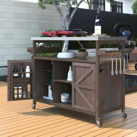 ZUN K&K Outdoor Kitchen Island, Rolling Bar Cart & Storage Cabinet, Farmhouse Solid Wood Outdoor Grill WF532198AAZ