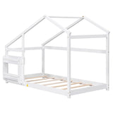 Twin Size Wooden House Bed, Twin Floor Wooden Bed with Shelf, No Box Spring , White Color, TWIN BED W69782586
