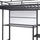 ZUN Full Size Loft Bed with Desk and Whiteboard, Metal Loft Bed with 3 Shelves and Ladder, Black 36540591