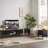 63 Inch Mid Century Modern TV Stand with Slatted Grille Striped Doors, TV Stand with Storage, W578P193305