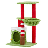 ZUN 32in Cat Scratching Posts Tower with Cat Condo and Hammock, Christmas Themed Plush Cat Tree with Cat 13527458