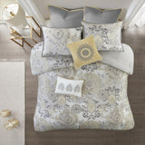 8 Piece Cotton Floral Printed Reversible Comforter Set Yellow Queen B03597283