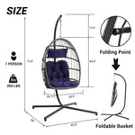 ZUN Outdoor Garden Rattan Egg Swing Chair Hanging Chair Dark Blue Cushion W874126289