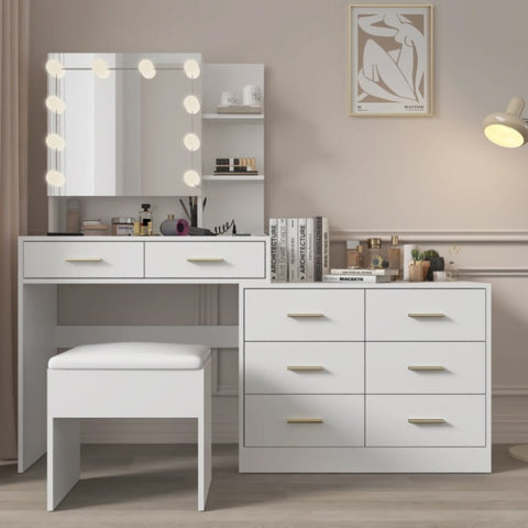 ZUN Large Makeup Vanity with Lights, Vanity Table with Charging Station, Vanity Desk with Mirror and 10 28093382